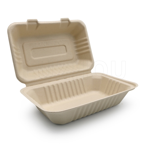 900ml 9 Inch Eco Friendly Bagasse Pulp Biodegradable Compostable Disposable Hinged Clamshell Food Box