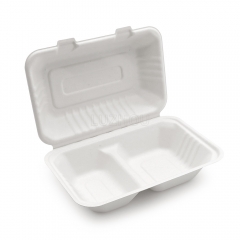 900ml 9.06"x6.02"x3.15" (Fold) 30g 2-Comp Bagasse Compostable To Go Box for Food Packaging