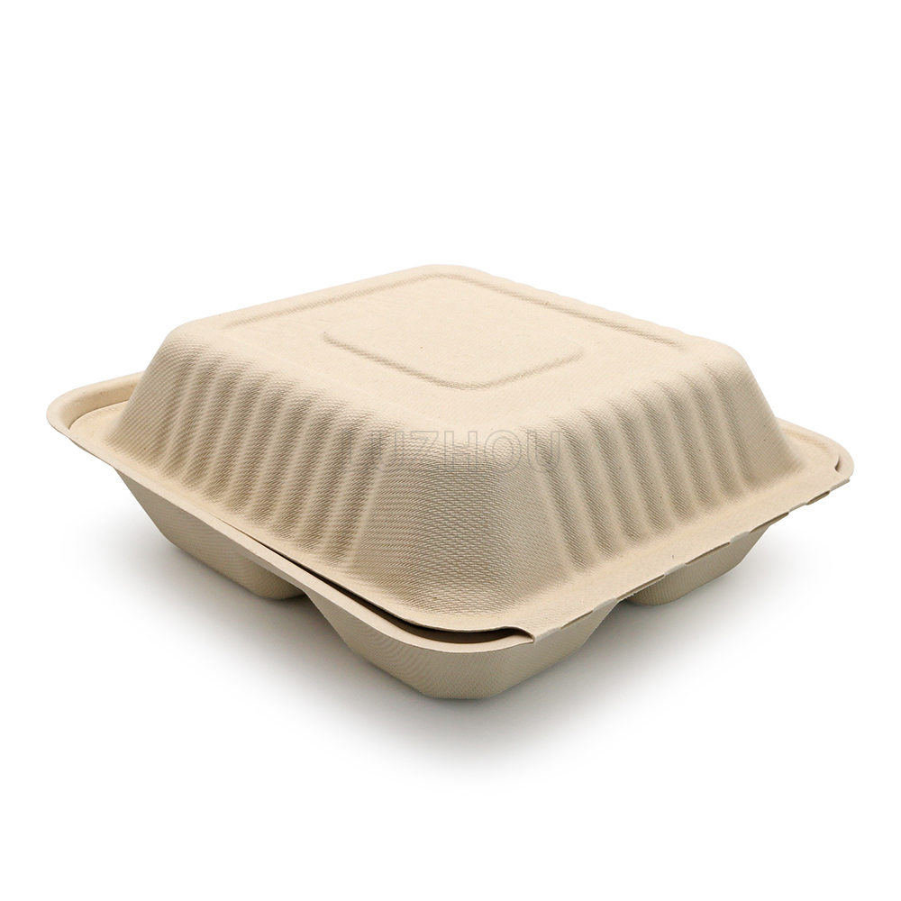 1000ml 8.66"x7.99"xH2.99" (Fold) 37g 3-Comp Bagasse Biodegradable Compostable Take Away Container Box