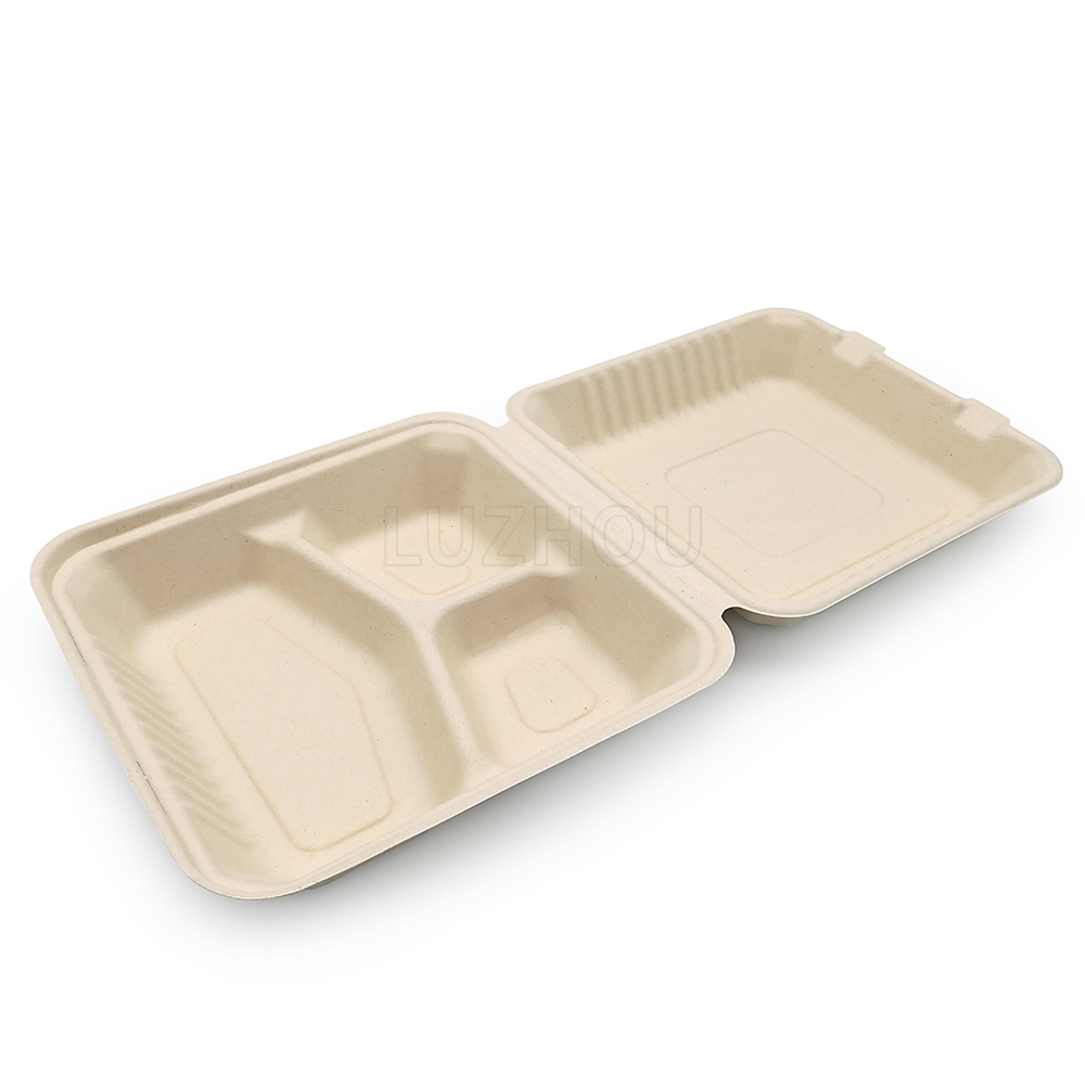 1300ml 8.98"x8.98"xH3.03" (Fold) 42g 3 Compartment Bagasse Compostable Eco To Go Food Container