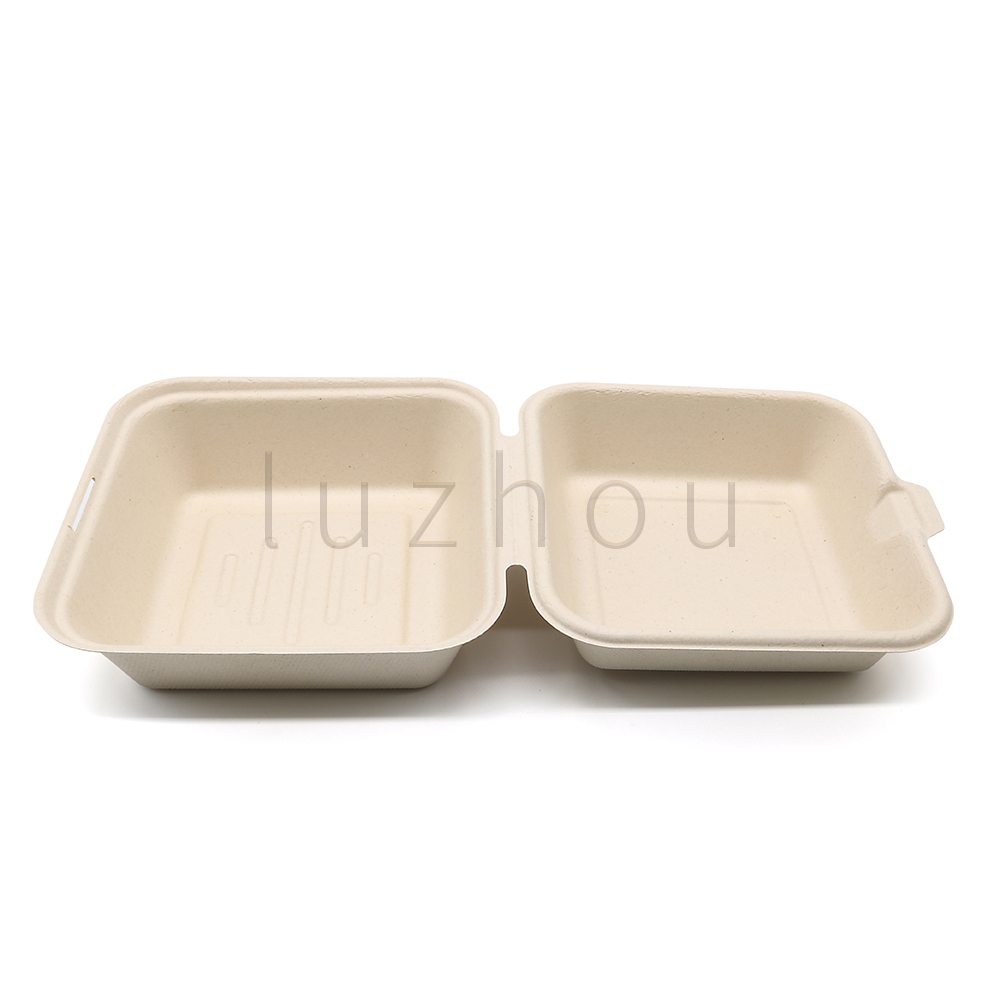 480ml 6.10"x6.10"xH3.03" (Fold) 23g Bagasse Biodegradable Compostable Clamshell Burger Packaging Box