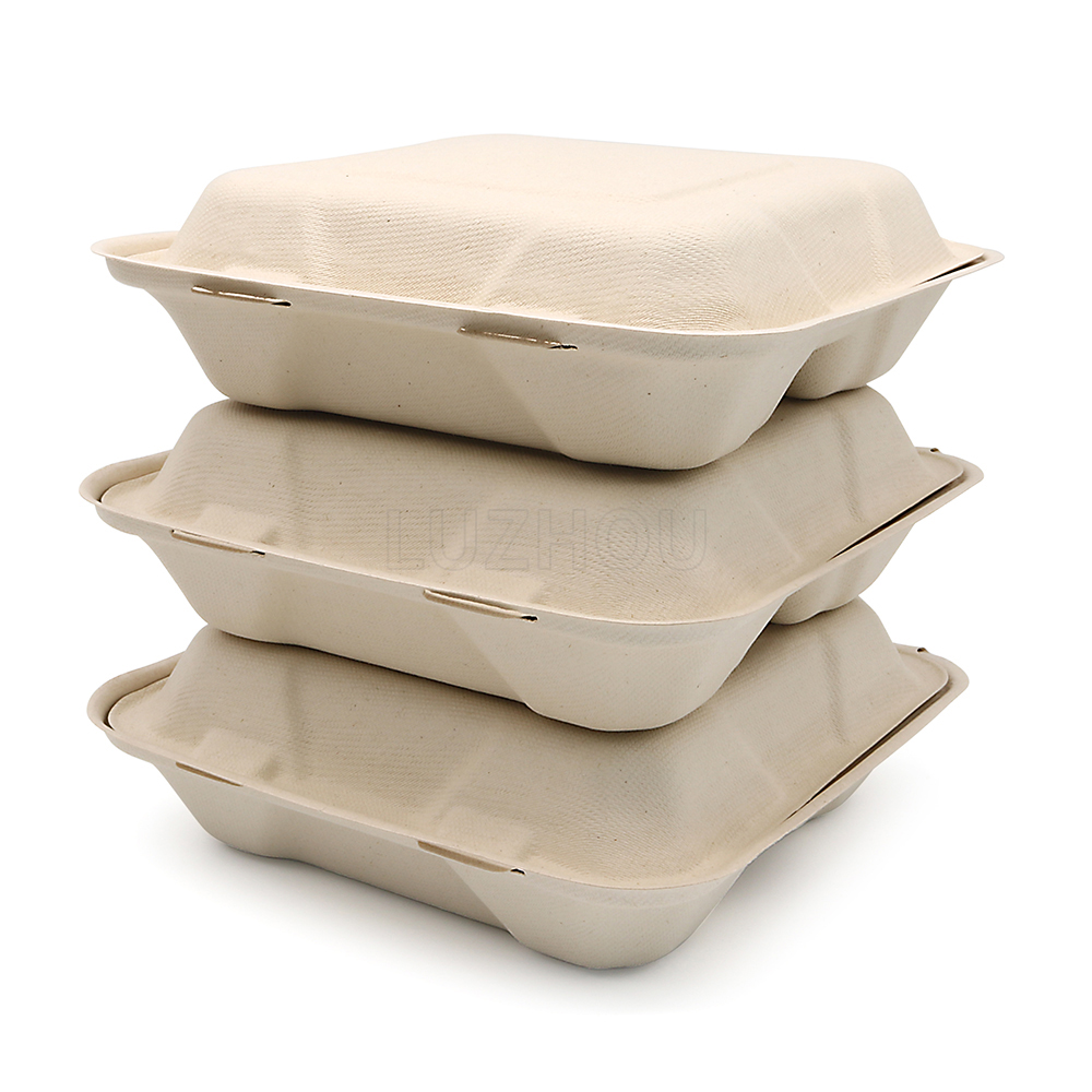 800ml 7.99"x7.99"xH2.48" (Fold) 31g 3 Compartment Bagasse Compostable Eco Food Containers To Go