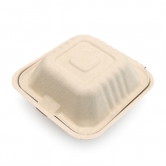 450ml 5.98"x5.98"xH2.99" (Fold) 21g Sugarcane Bagasse Compostable Take Out Fast Food Hamburger Box Brown & White