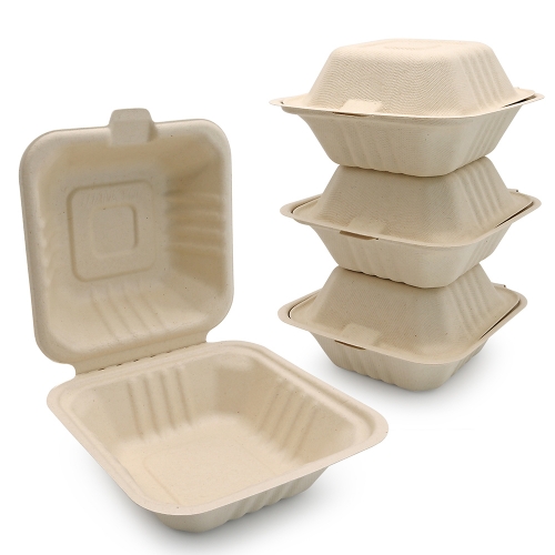 450ml 5.98"x5.98"xH2.99" (Fold) 21g Sugarcane Bagasse Compostable Take Out Fast Food Hamburger Box Brown & White