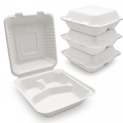 1000ml 8.66"x7.99"xH2.99" (Fold) 37g 3-Comp Bagasse Biodegradable Compostable Take Away Container Box