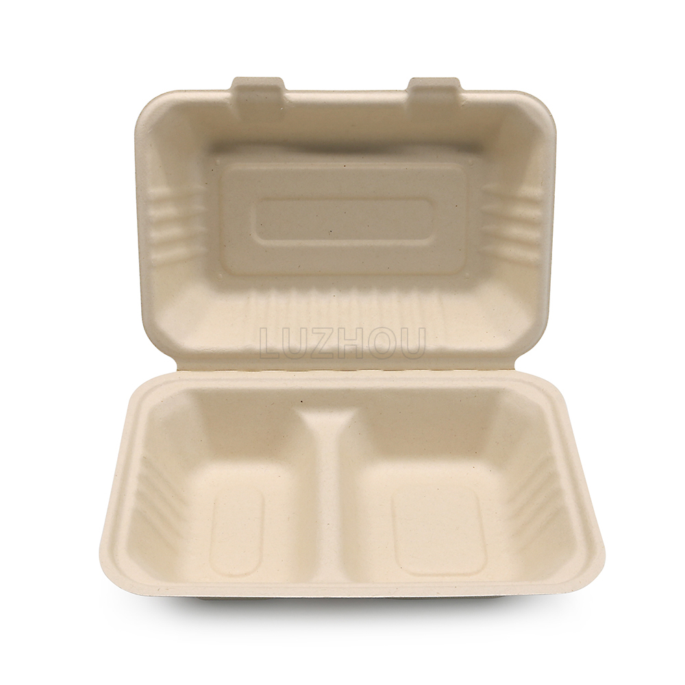 900ml 9.06"x6.02"x3.15" (Fold) 30g 2-Comp Bagasse Compostable To Go Box for Food Packaging