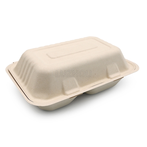 900ml 9.06"x6.02"x3.15" (Fold) 30g 2-Comp Bagasse Compostable To Go Box for Food Packaging