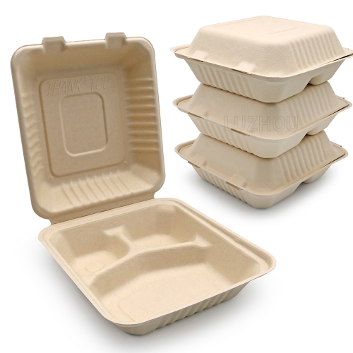 1000ml 8.66"x7.99"xH2.99" (Fold) 37g 3-Comp Bagasse Biodegradable Compostable Take Away Container Box