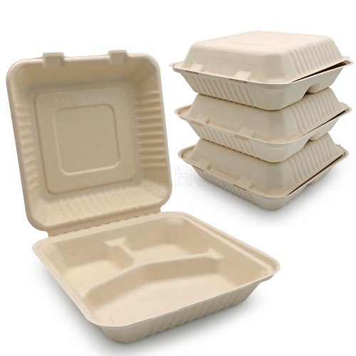 1300ml 8.98"x8.98"xH3.03" (Fold) 42g 3 Compartment Bagasse Compostable Eco To Go Food Container