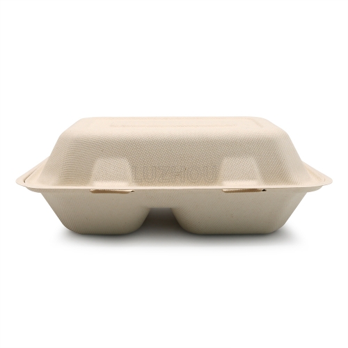 900ml 9.06"x6.02"x3.15" (Fold) 30g 2-Comp Bagasse Compostable To Go Box for Food Packaging