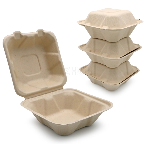 450ml 5.98"x5.98"xH3.03" (Fold) 20g Bagasse Compostable Takeaway Hamburger Packing Boxes