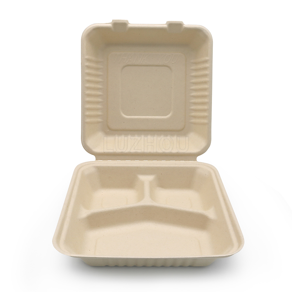 1300ml 8.98"x8.98"xH3.03" (Fold) 42g 3 Compartment Bagasse Compostable Eco To Go Food Container