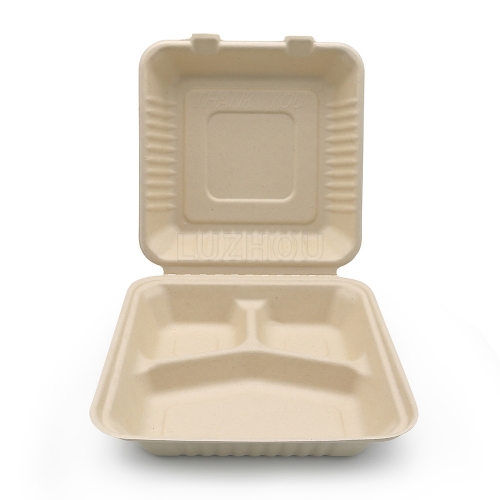 1300ml 8.98"x8.98"xH3.03" (Fold) 42g 3 Compartment Bagasse Compostable Eco To Go Food Container