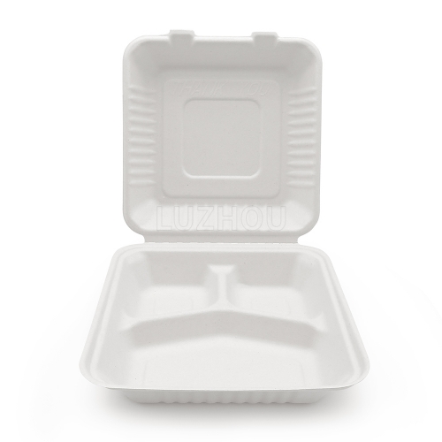 1300ml 8.98"x8.98"xH3.03" (Fold) 42g 3 Compartment Bagasse Compostable Eco To Go Food Container