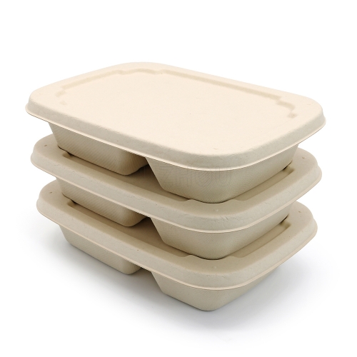 790ml 8.5"x6"xH1.8" 20g 2 Compartment Bagasse Compostable Carry Out Food Packaging Container with Lid