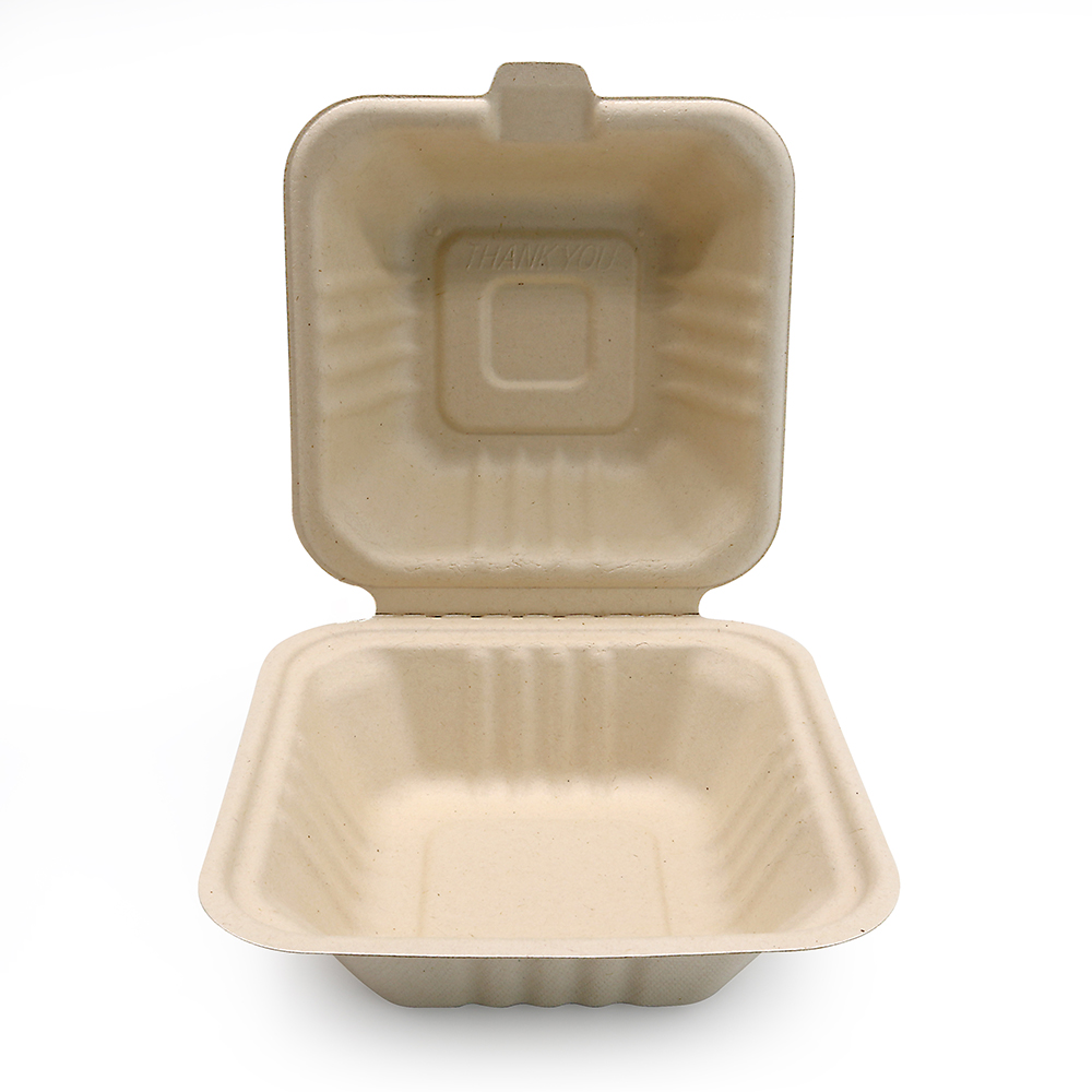 450ml 5.98"x5.98"xH2.99" (Fold) 21g Sugarcane Bagasse Compostable Take Out Fast Food Hamburger Box Brown & White