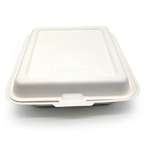 850ml 7.56x8.27xH2.36" (Fold) 30g 2-Comp Bagasse Biodegradable Compostable Fast Food Container