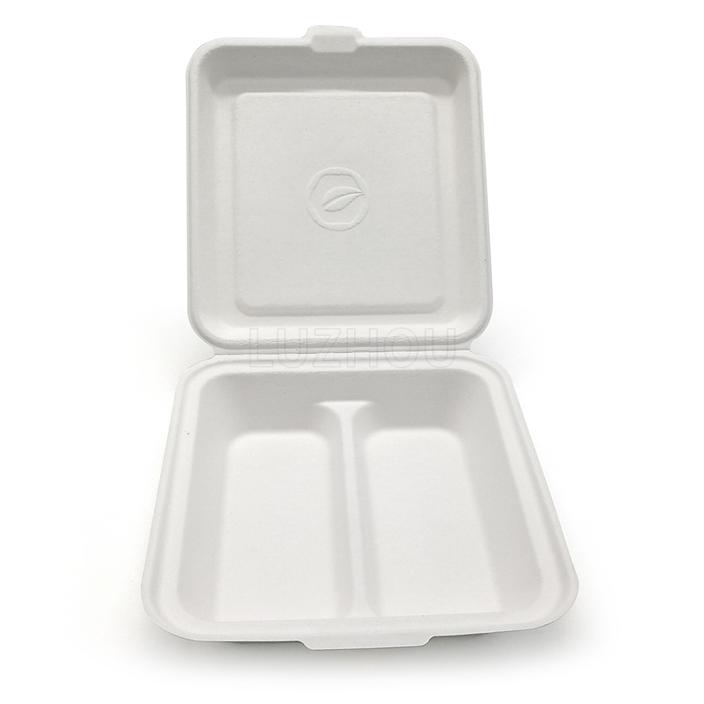 850ml 7.56x8.27xH2.36" (Fold) 30g 2-Comp Bagasse Biodegradable Compostable Fast Food Container