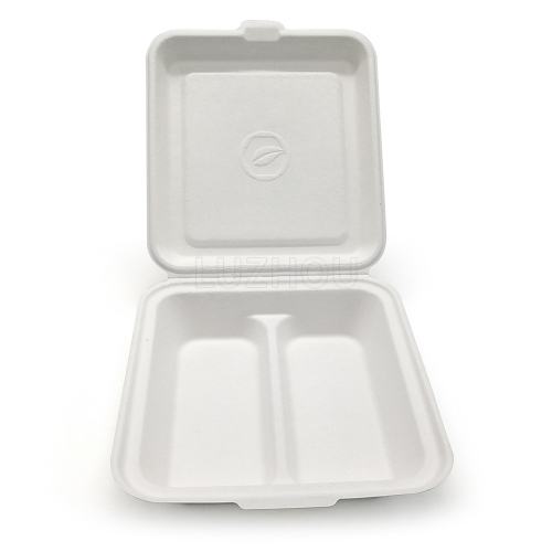 850ml 7.56x8.27xH2.36" (Fold) 30g 2-Comp Bagasse Biodegradable Compostable Fast Food Container