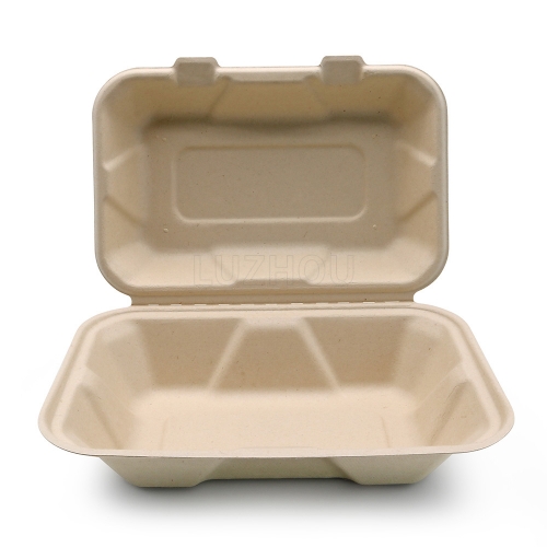 850ml 8.98"x5.98"xH2.99" (Fold) 28g Bagasse Biodegradable Compostable Food Packaging Containers
