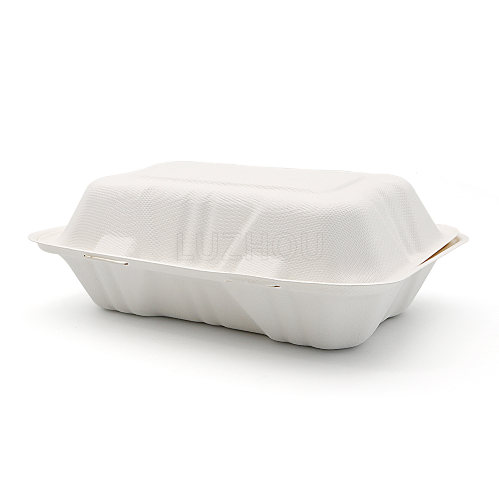 850ml 9x6xH3" (Fold) 28g Bagasse Compostable Clam Shell Lunch Container Paper