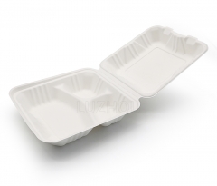800ml 8x8xH2.48" (Fold) 31g 3 Compartment Bagasse Compostable Meal Containers Disposable