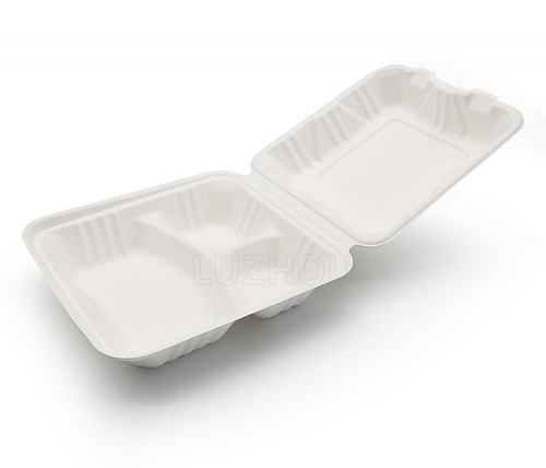 800ml 8x8xH2.48" (Fold) 31g 3 Compartment Bagasse Compostable Meal Containers Disposable