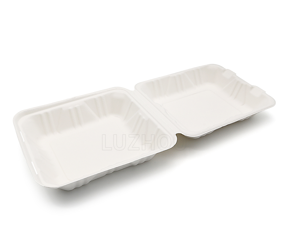 900ml 8x8xH2.48" (Fold) 31g Bagasse Biodegradable Compostable Meal Containers Large