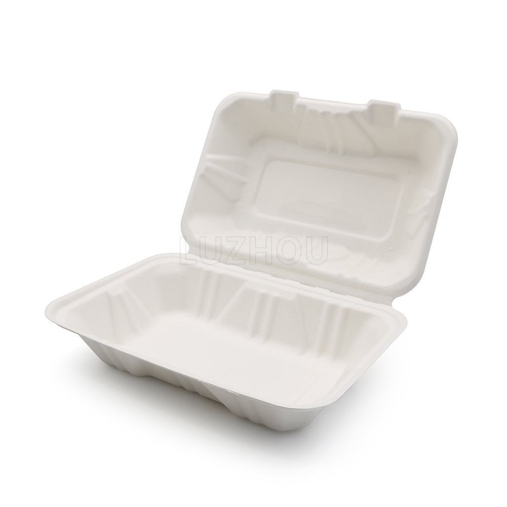850ml 9x6xH3" (Fold) 28g Bagasse Compostable Clam Shell Lunch Container Paper