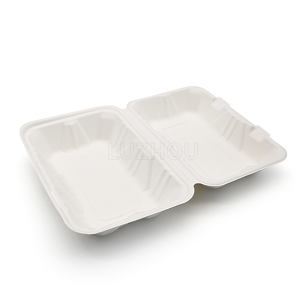 850ml 9x6xH3" (Fold) 28g Bagasse Compostable Clam Shell Lunch Container Paper