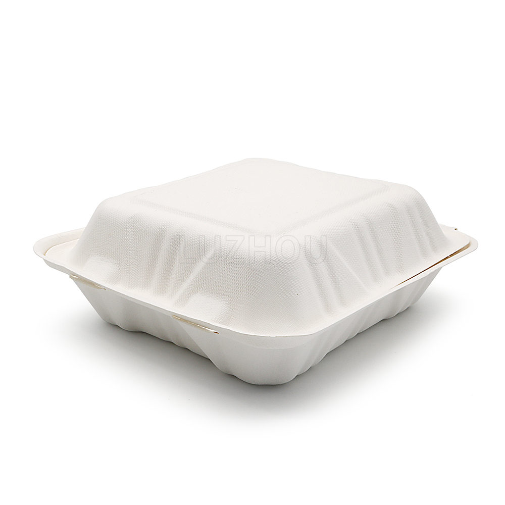 900ml 8x8xH2.48" (Fold) 31g Bagasse Biodegradable Compostable Meal Containers Large