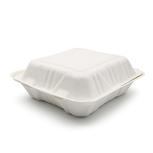 900ml 8x8xH2.48" (Fold) 31g Bagasse Biodegradable Compostable Meal Containers Large