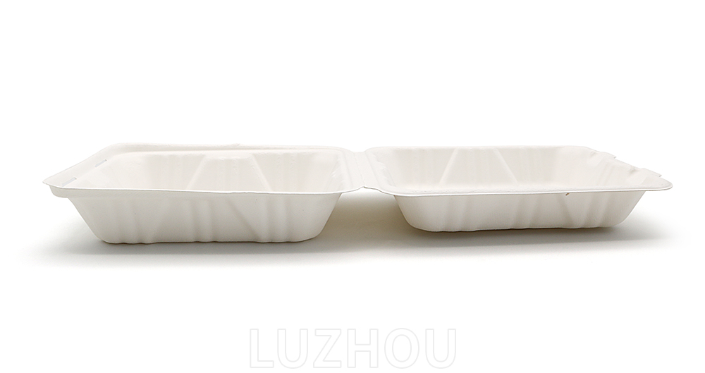 900ml 8x8xH2.48" (Fold) 31g Bagasse Biodegradable Compostable Meal Containers Large