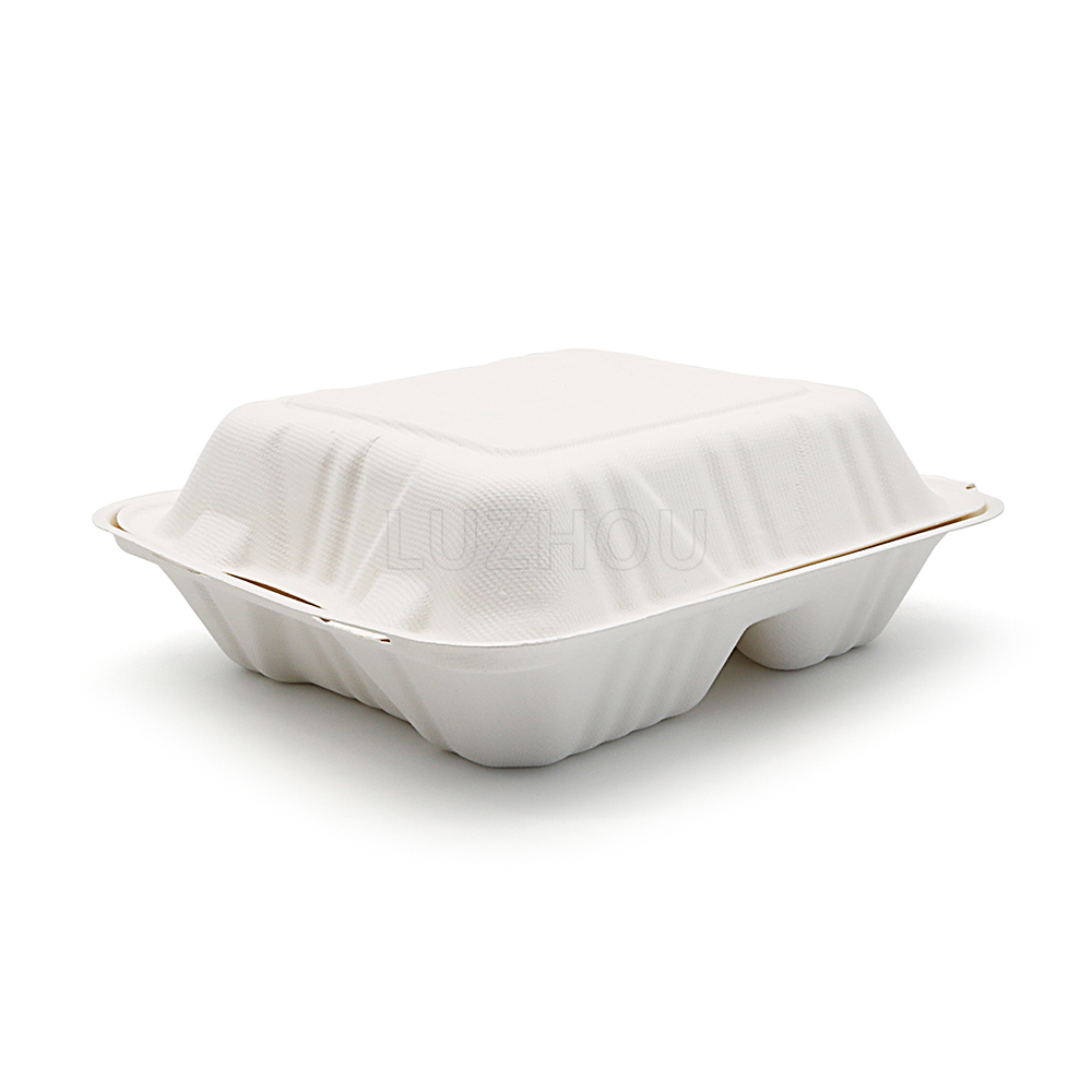 800ml 8x8xH2.48" (Fold) 31g 3 Compartment Bagasse Compostable Meal Containers Disposable