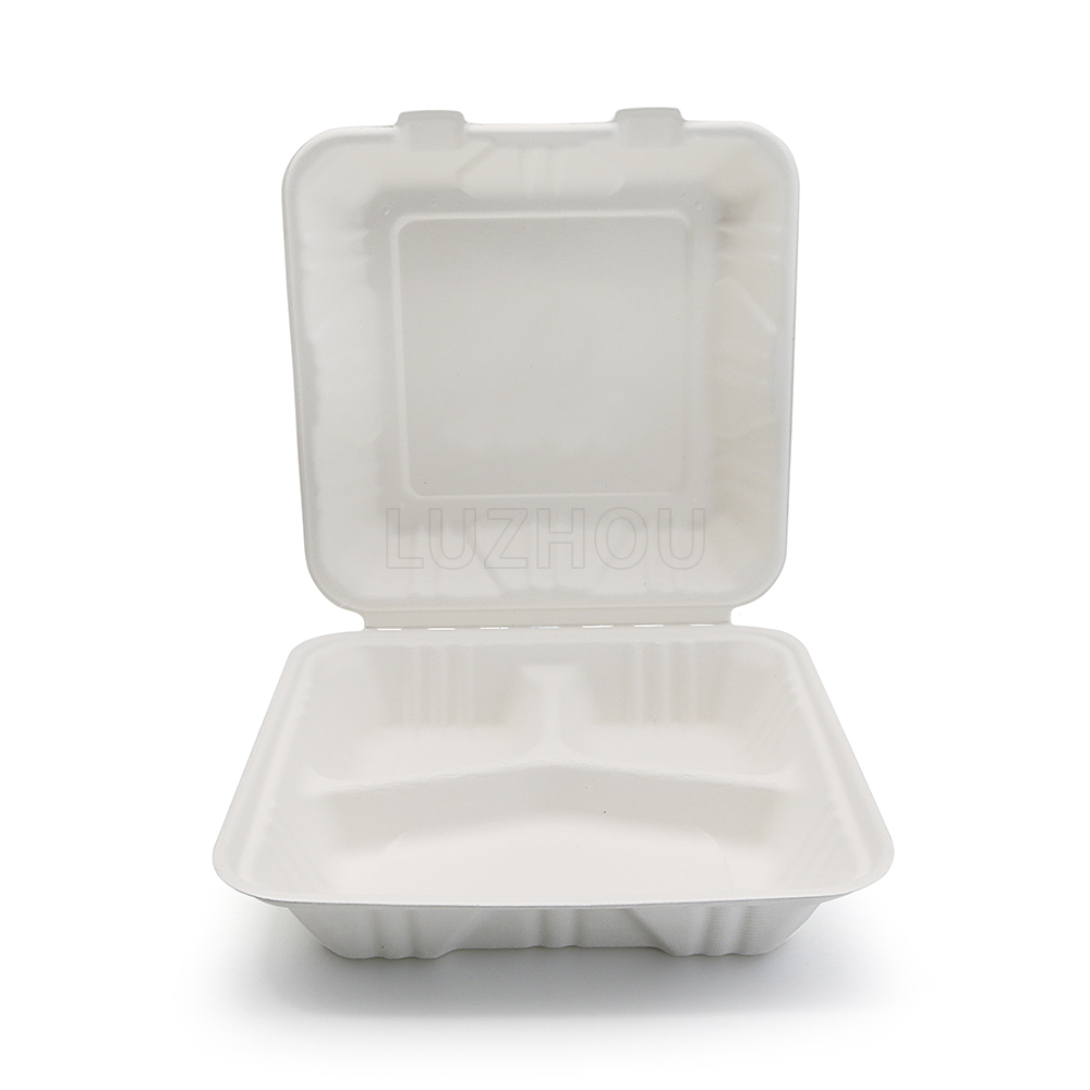 1300ml 9x9xH3" (Fold) 42g 3 Compartment Bagasse Compostable Takeaway Food Box
