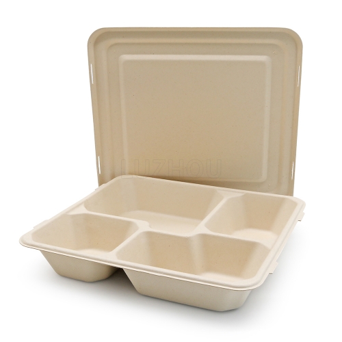 4-Comp 9.4"x8.6"xH1.6" 50g Bagasse Compostable Catering Take Away Tray with Lid