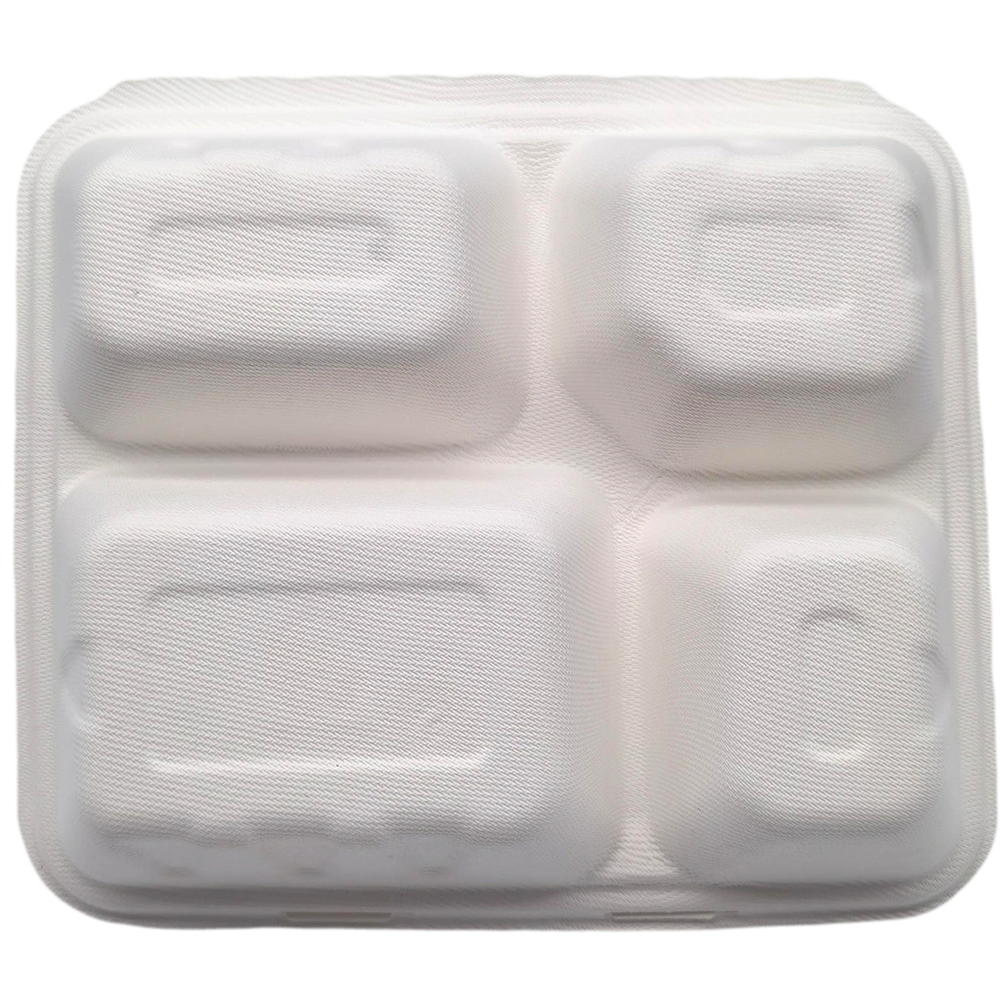 1200ml 4-Comp 7.4"x9.6"xH1.9" 48g Bagasse Compostable Disposable Paper Lunch Tray with Lid