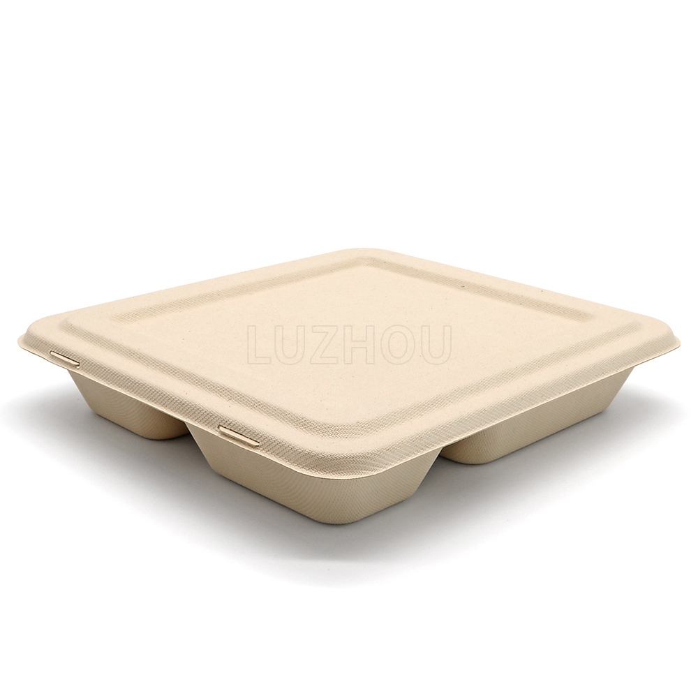 1000ml 4-Comp 9"x8.6"xH1.6" 50g Bagasse Compostable Ready Meal Packaging Tray with Cover