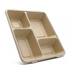 1000ml 4-Comp 9"x8.6"xH1.6" 50g Bagasse Compostable Ready Meal Packaging Tray with Cover