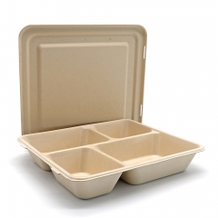 1000ml 4-Comp 9"x8.6"xH1.6" 50g Bagasse Compostable Ready Meal Packaging Tray with Cover