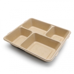 1000ml 4-Comp 9"x8.6"xH1.6" 50g Bagasse Compostable Ready Meal Packaging Tray with Cover