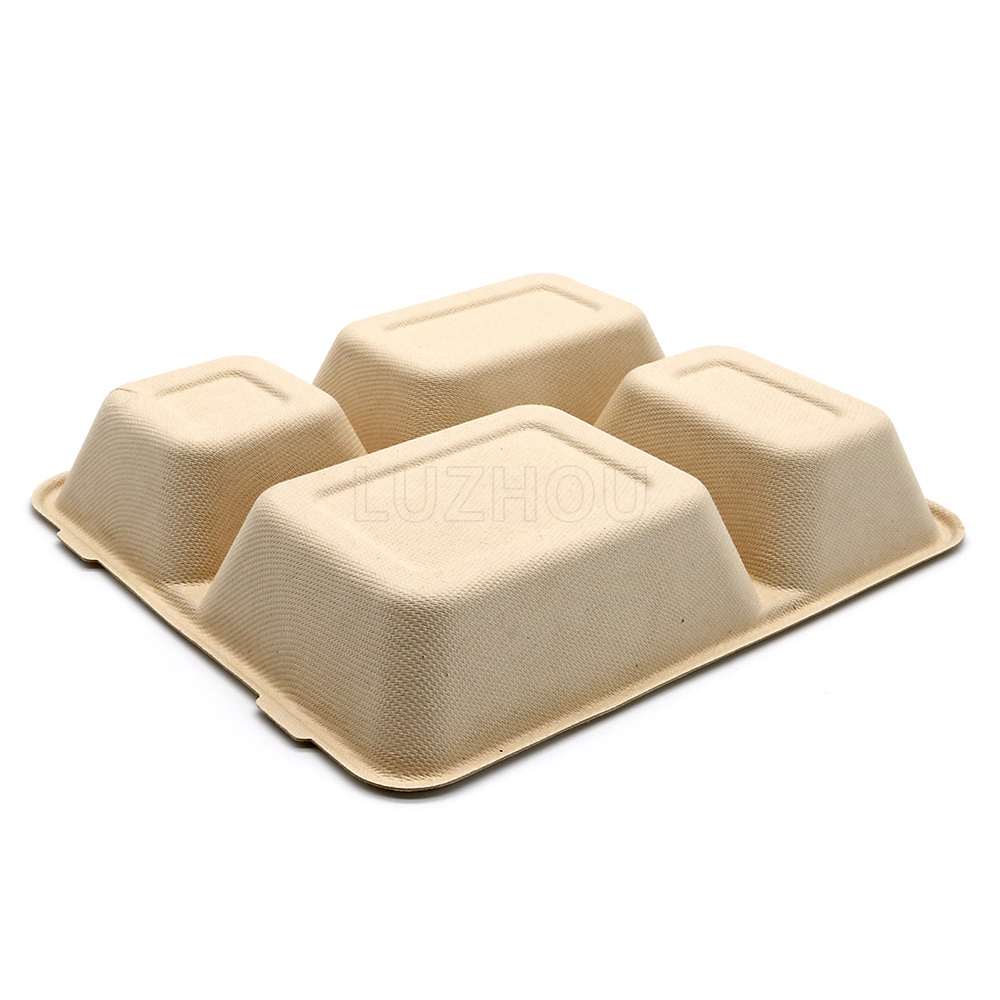 1000ml 4-Comp 9"x8.6"xH1.6" 50g Bagasse Compostable Ready Meal Packaging Tray with Cover