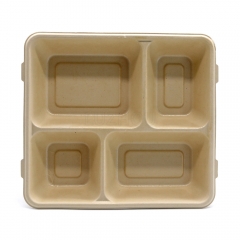 1000ml 4-Comp 9"x8.6"xH1.6" 50g Bagasse Compostable Ready Meal Packaging Tray with Cover