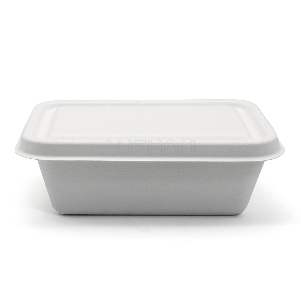 1000ml 7"x5"xH2.4" 16g Thin Rim Bagasse Compostable Paper Takeaway Food Box with Lid