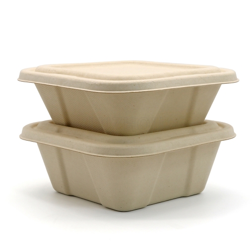 700ml 6.5"x6.5"xH2.5" 21g Squre Bagasse Compostable Disposable Takeaway Paper Bento Meal Box