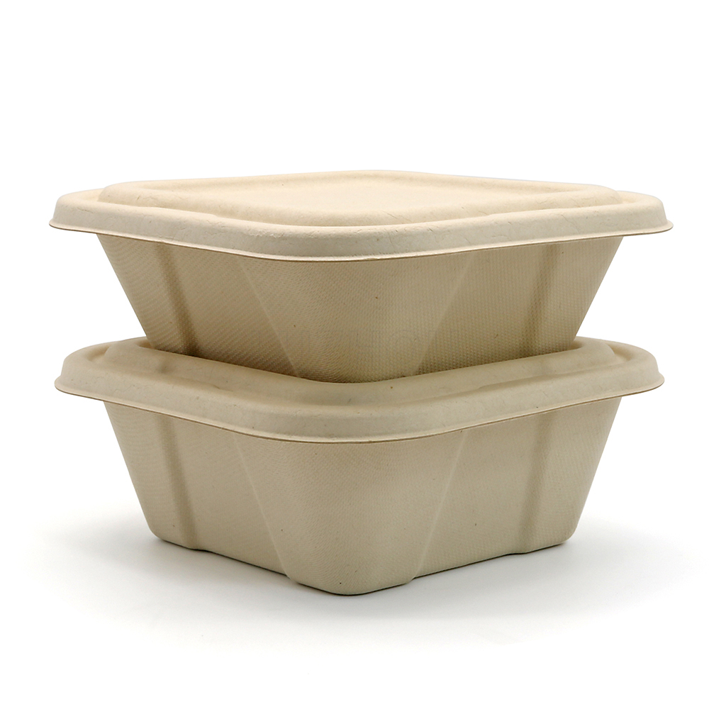 500ml 6.5"x6.5"xH2" 19g Square Bagasse Compostable Paper To Go Food Containers