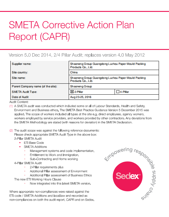 Sedex SMETA Corrective Action Plan Report (CAPR) - JSASCN16538975