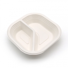 580ml 20oz 6.93"x6.93"xH1.54" 13g 2-Comp Bagasse Biodegradable Compostable Disposable Food Tray