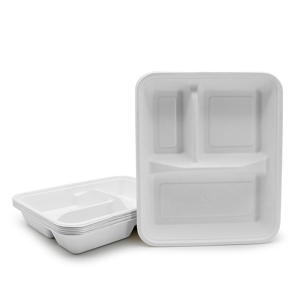 3cp 9.29"x7.87"xH1.50" 22g Bagasse Compostable Lunch Tray with Lid