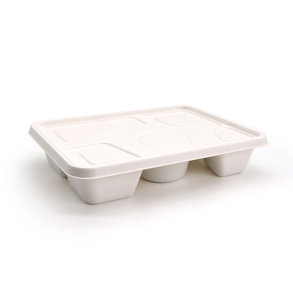 5-Comp 10.63"x8.66"xH1.97" 70g Bagasse Compostable Disposable Divided Serving Lunch Tray with Lid